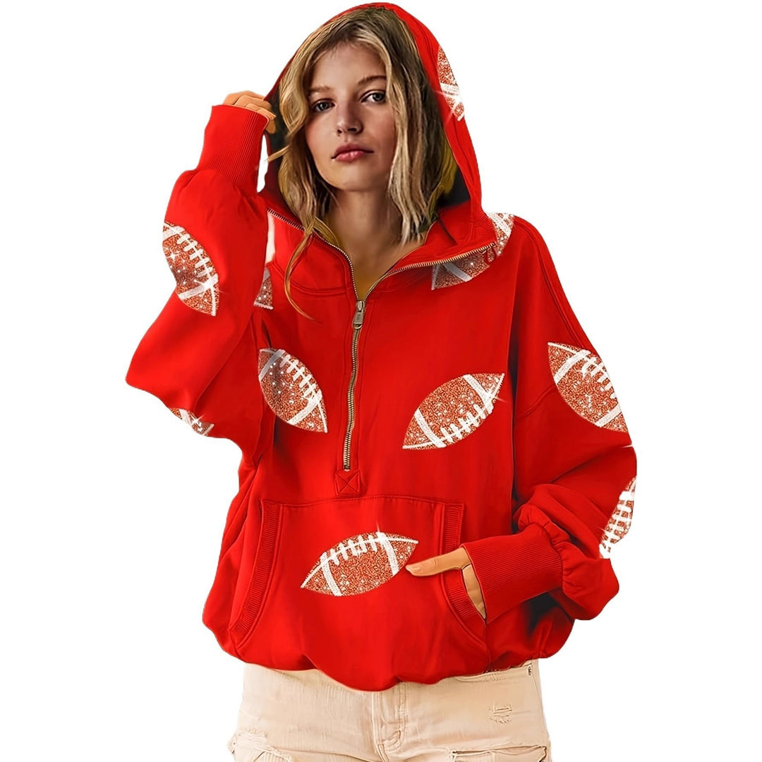 Damen Oversized Kapuzenpullover mit halbem Reißverschluss und Pailletten‑Football-Applikation Nord Taschen