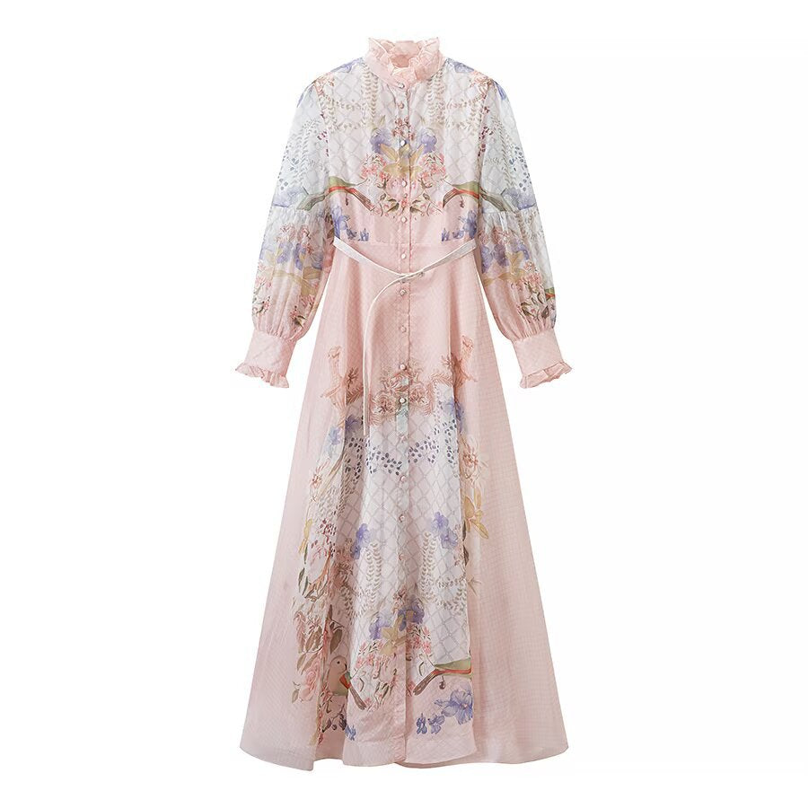 Damen Maxikleid aus Chiffon mit floralem Print, Stehkragen und Puffärmeln Nord Taschen