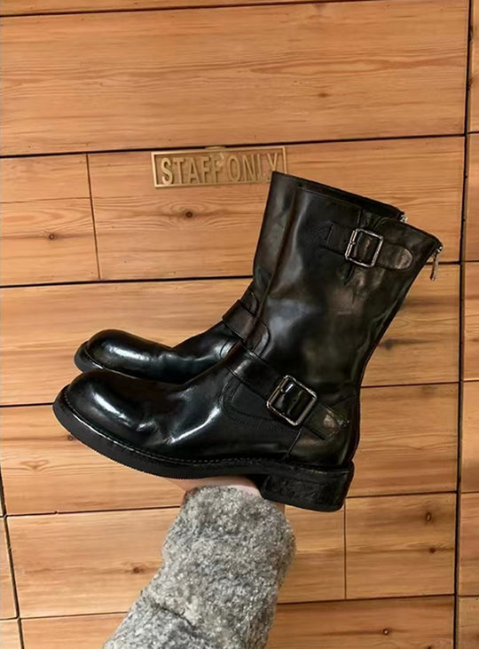 Damen Wadenhohe Biker‑Stiefel aus Glattleder mit Doppelgurt und Rückreißverschluss Nord Taschen