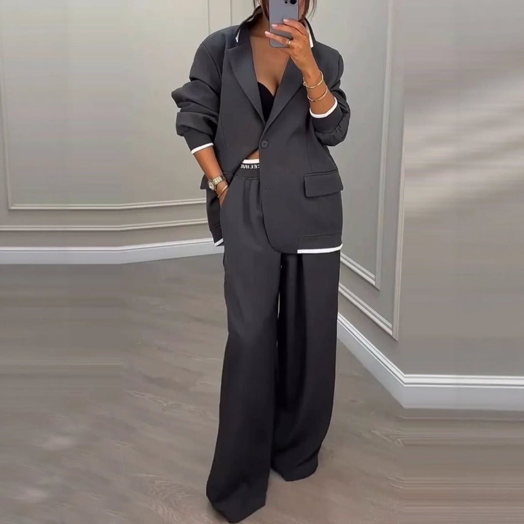 Damen Oversize-Blazer mit Kontrastbesatz und High‑Waist Palazzo‑Hose Zweiteiler Nord Taschen