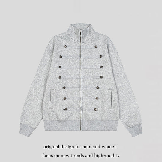Herren Militärisch inspirierte Sweatjacke mit Stehkragen und Zierknopfleisten Nord Taschen