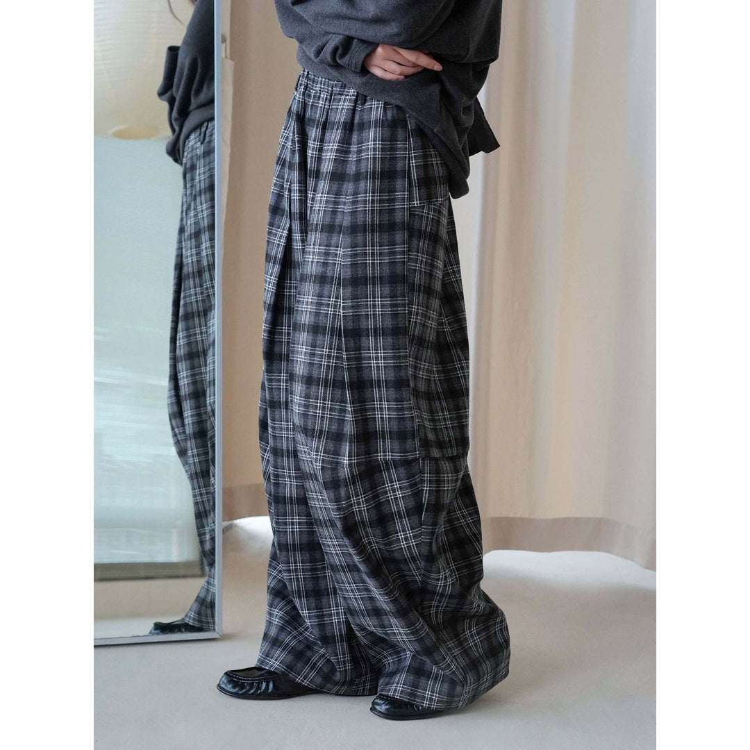 Damen Weite karierte Palazzo-Hose mit Bundfalten und elastischem Bund Nord Taschen