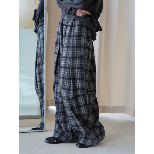 Damen Weite karierte Palazzo-Hose mit Bundfalten und elastischem Bund Nord Taschen