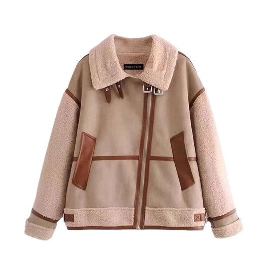 Damen Kurzjacke im Aviator-Look mit Teddyfutter, Kunstlederbesatz und asymmetrischem Reißverschluss Nord Taschen