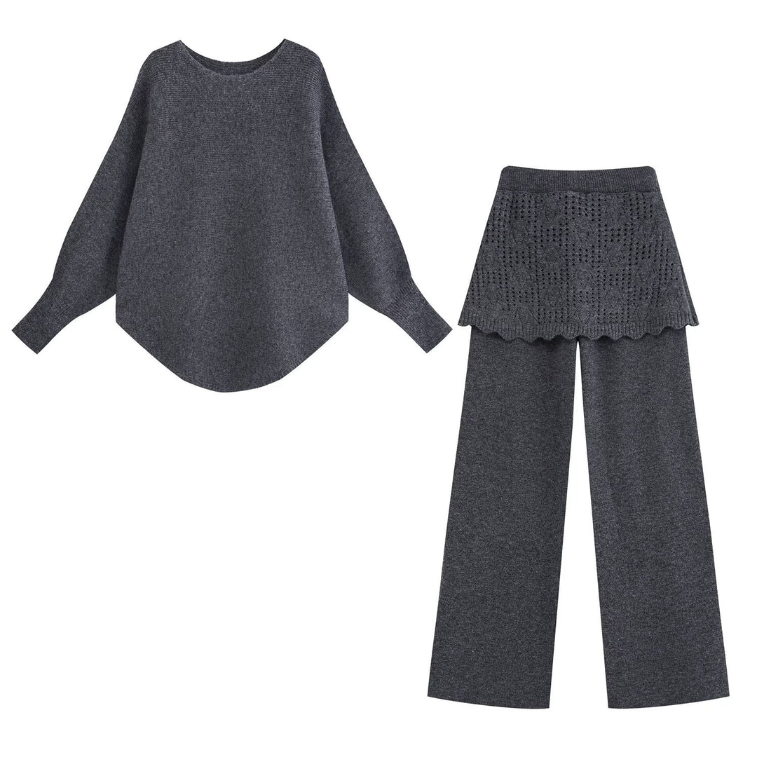 Damen Zweiteiliges Strick-Set mit Oversize-Pullover, Lochmuster-Miniüberrock und weiter Palazzohose Nord Taschen