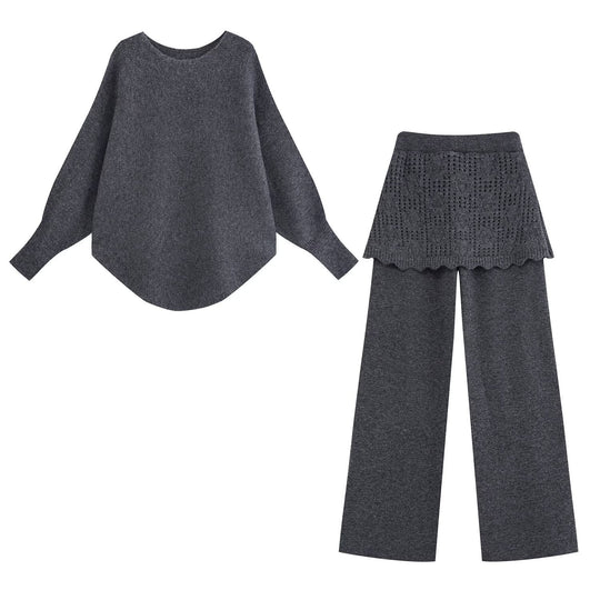 Damen Zweiteiliges Strick-Set mit Oversize-Pullover, Lochmuster-Miniüberrock und weiter Palazzohose Nord Taschen