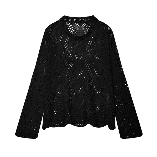Damen Lochstrick-Pullover mit Zopfmuster und geschwungenem Saum Nord Taschen