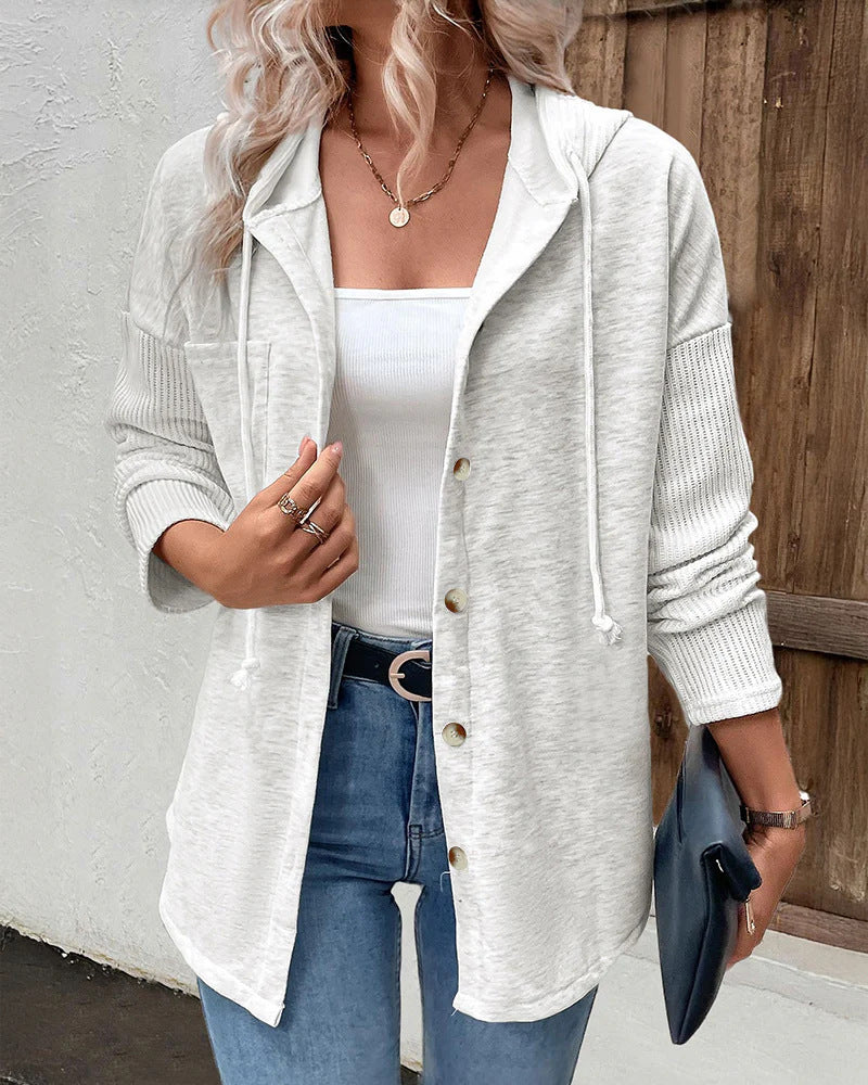Damen Modische Strickjacke mit Kapuze und Knopfleiste Nord Taschen