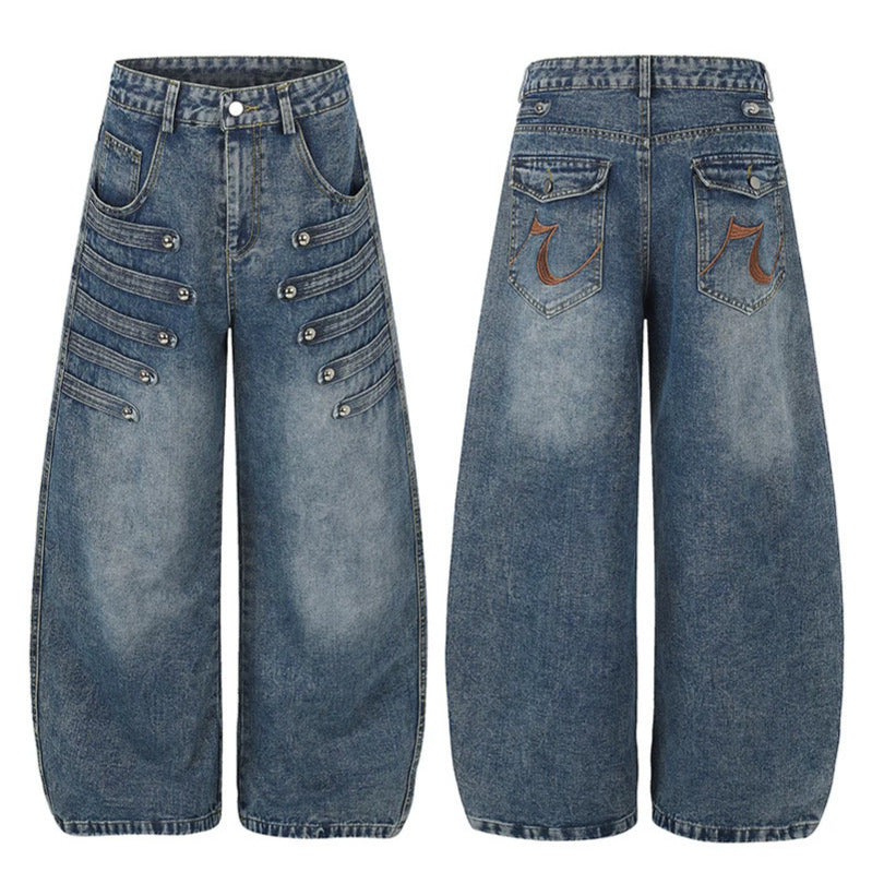 Damen Weite Denim-Palazzo-Jeans mit dekorischen Riegelnähten und Zierknopf-Details Nord Taschen