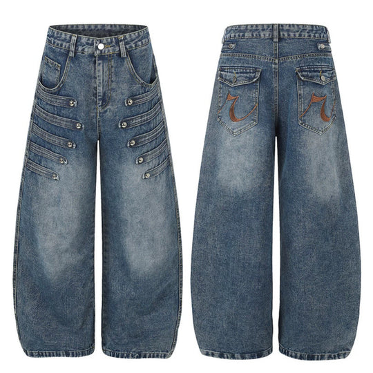 Damen Weite Denim-Palazzo-Jeans mit dekorischen Riegelnähten und Zierknopf-Details Nord Taschen
