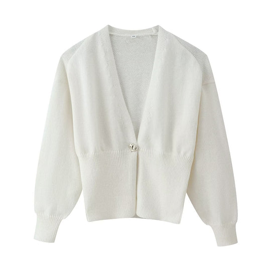 Damen Kurze V‑Ausschnitt Strickjacke mit Ballonärmeln und Zierknopf Nord Taschen