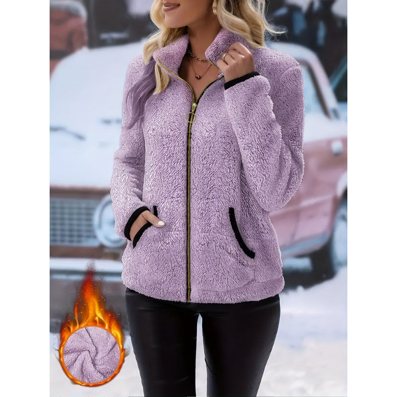 Damen Thermo-Sherpa-Fleecejacke mit Stehkragen, Kontrastkanten und Ringzipper Nord Taschen