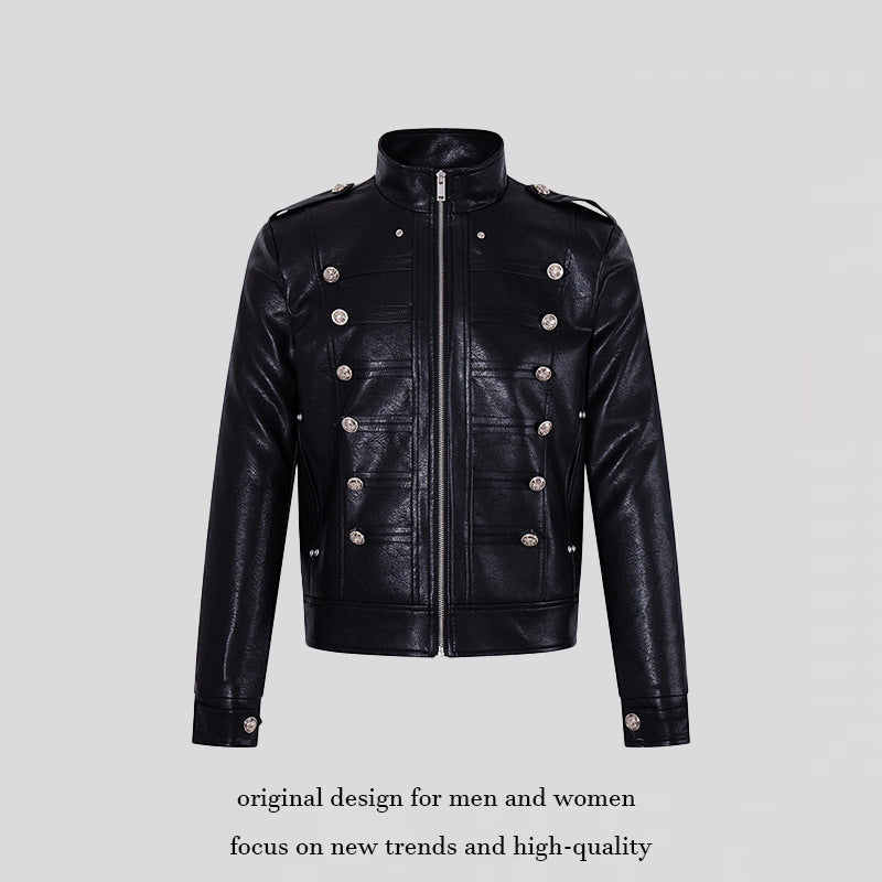 Herren Militärisch inspirierte Kunstlederjacke mit Stehkragen, Zierknopfreihe und Schulterpatten Nord Taschen