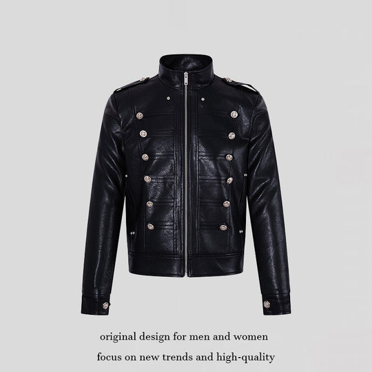 Herren Militärisch inspirierte Kunstlederjacke mit Stehkragen, Zierknopfreihe und Schulterpatten Nord Taschen