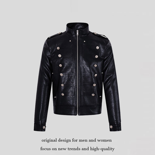 Herren Militärisch inspirierte Kunstlederjacke mit Stehkragen, Zierknopfreihe und Schulterpatten Nord Taschen