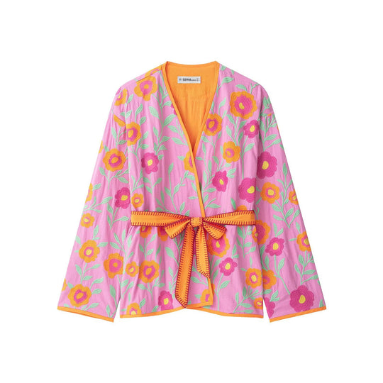Damen Bestickte Kimono-Jacke mit Taillenbindegürtel und floraler Stickerei Nord Taschen