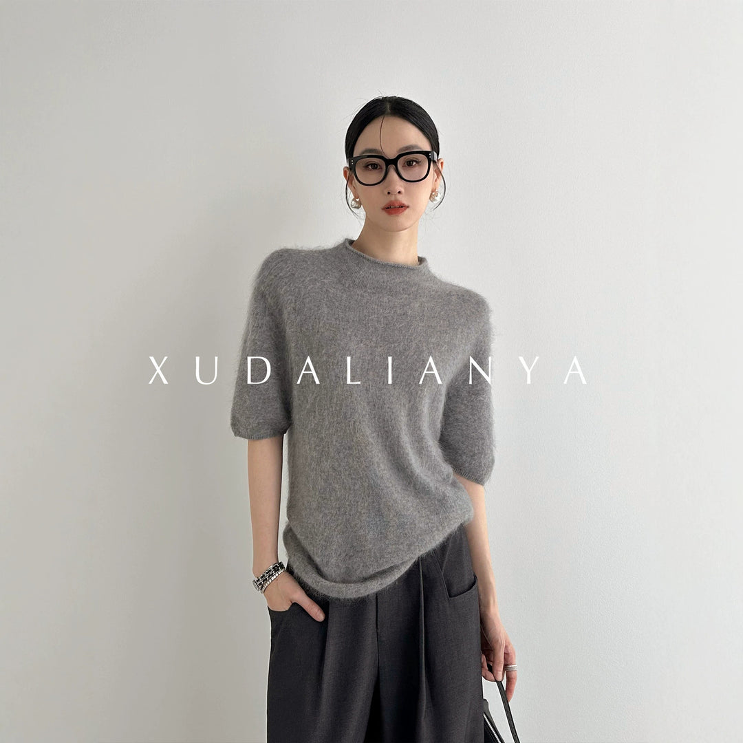 Damen Kuscheliger Mohair-Mix Kurzarm-Pullover mit Stehkragen Nord Taschen