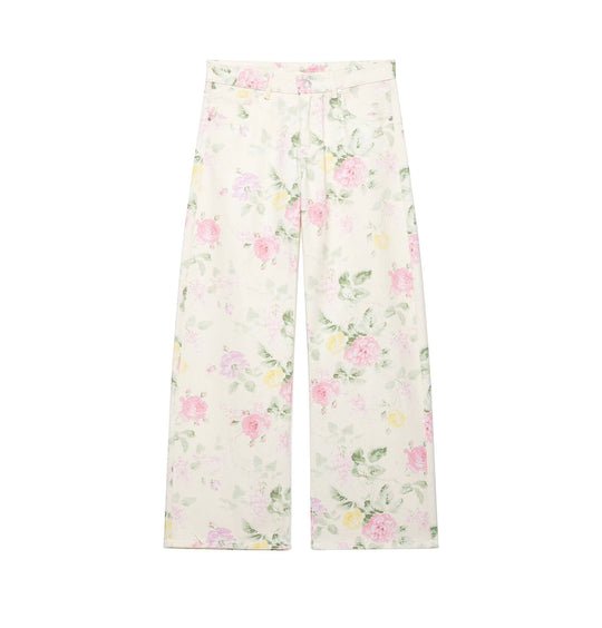 Damen Hochtaillierte weite Jeanshose mit zartem Blumenmuster und Fünftaschen-Schnitt Nord Taschen