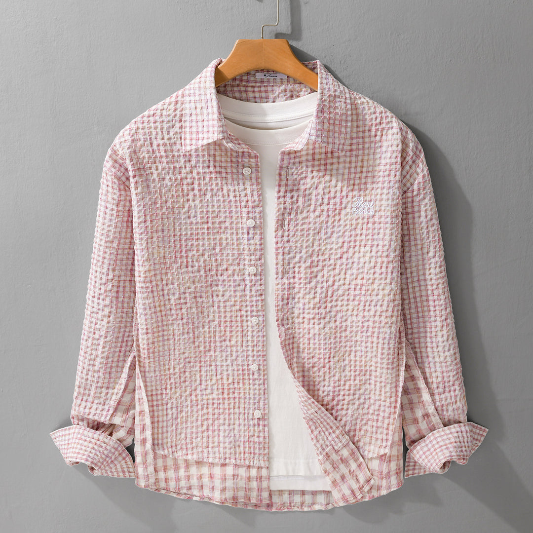 Damen Relaxed-Fit Crinkle-Hemdjacke mit feiner Gingham‑Webstruktur und dezenter Bruststickerei Nord Taschen