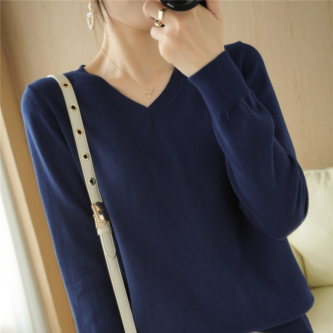 Damen Leichter V‑Ausschnitt Feinstrickpullover aus kaschmirweicher Baumwollmischung mit elastischen Rippbündchen Nord Taschen