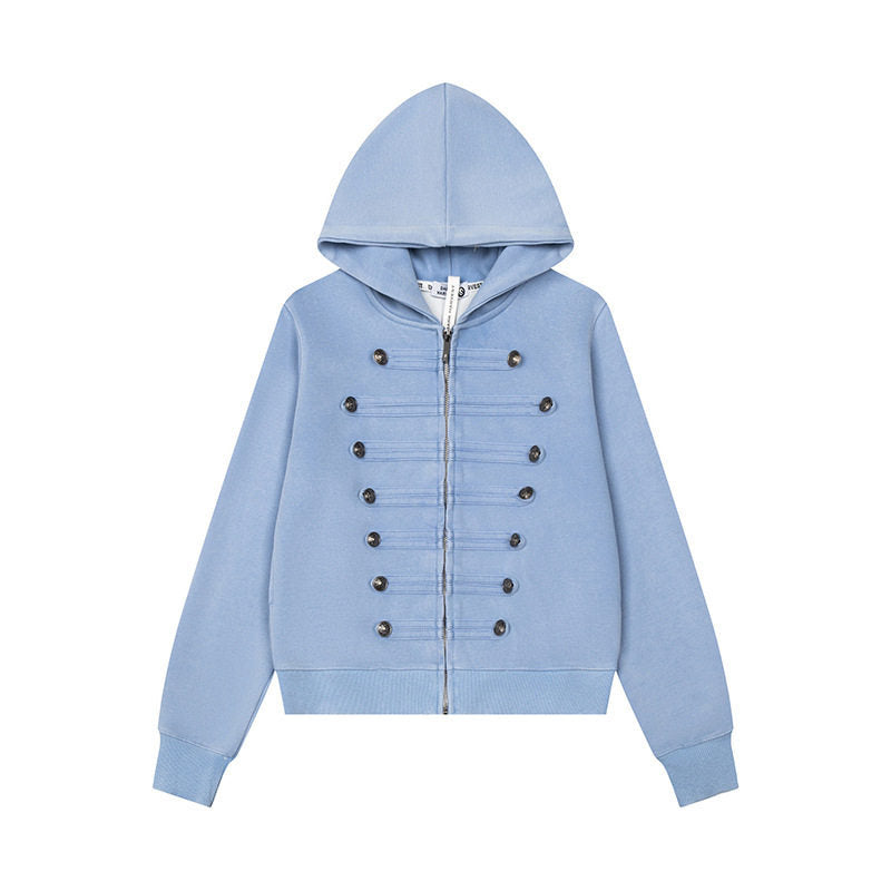 Damen Kapuzen-Sweatjacke mit militärischer Knopfverzierung und durchgehendem Reißverschluss Nord Taschen