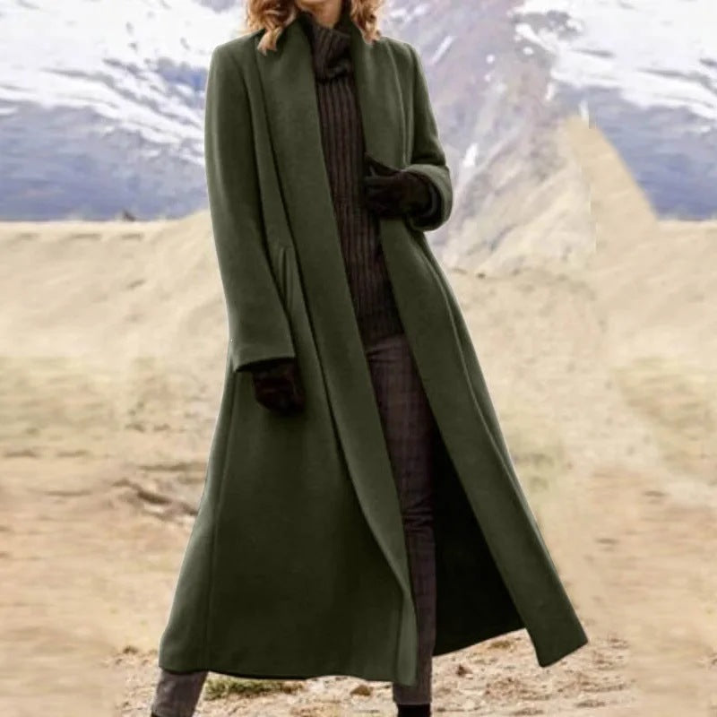 Damen eleganter langer Wollmix-Mantel mit offenem Fall und seitlichen Eingrifftaschen Nord Taschen