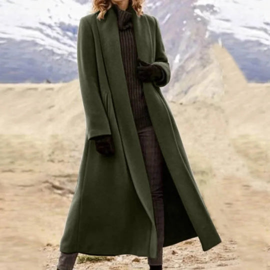 Damen eleganter langer Wollmix-Mantel mit offenem Fall und seitlichen Eingrifftaschen Nord Taschen