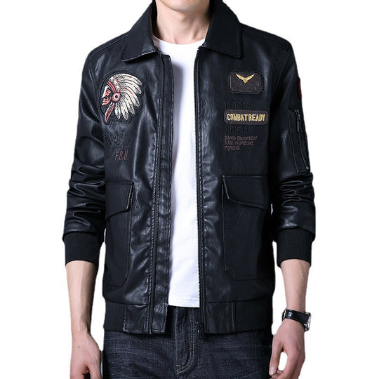 Herren Piloten‑Bomberjacke aus Kunstleder mit gestickten Patches und Rippbündchen Nord Taschen