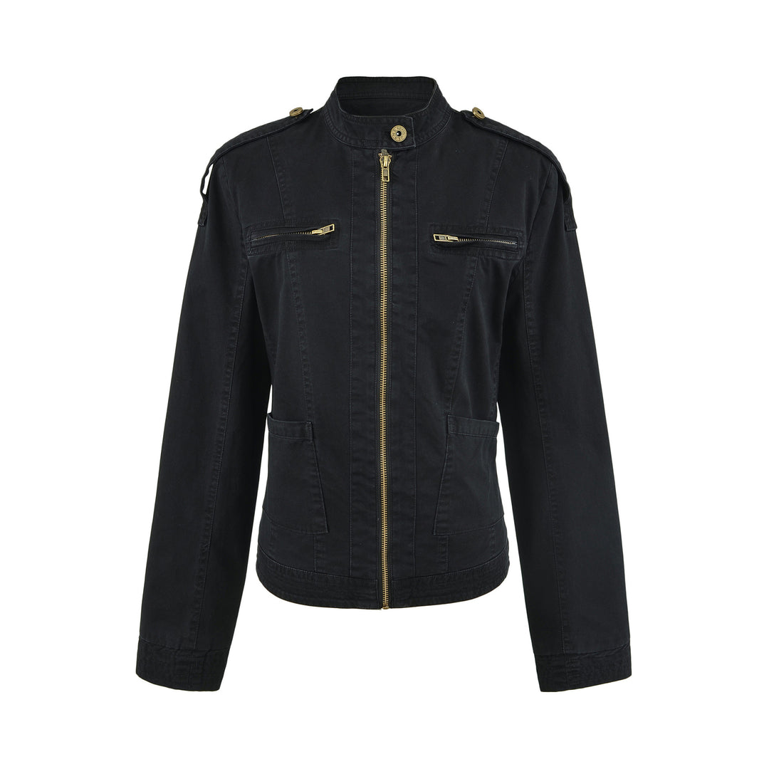 Damen Fieldjacke mit Stehkragen, Schulterklappen und goldfarbenen Reißverschlüssen Nord Taschen