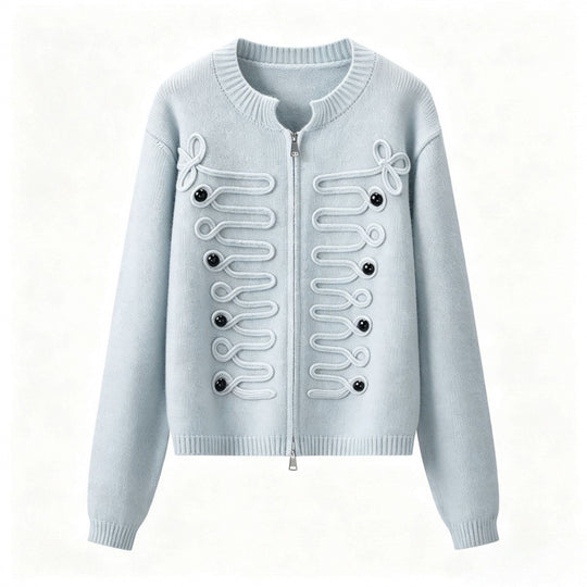 Damen Kurz geschnittene Strickjacke mit dekorativen Kordelapplikationen und Zwei-Wege‑Reißverschluss Nord Taschen