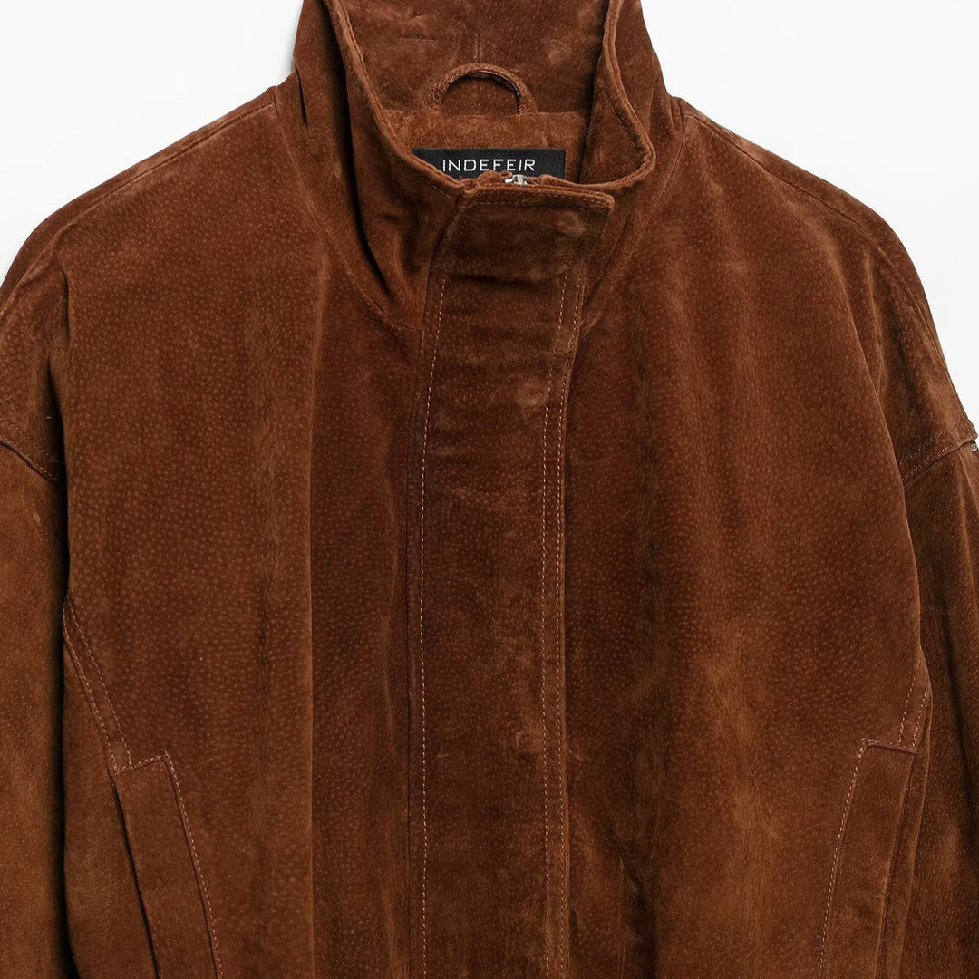Damen Taillenbetonte Velourslederjacke im Trenchstil mit Stehkragen und breitem Bindegürtel Nord Taschen
