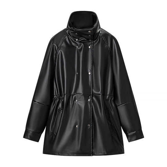 Damen Regenjacke aus Lederoptik mit hohem Stehkragen, Taillenzug und Druckknopffront Nord Taschen