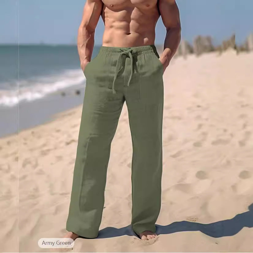 Herren gerade geschnittene Leinen-Loungehose mit Kordelzug, tiefen Eingrifftaschen und atmungsaktiver Struktur Nord Taschen