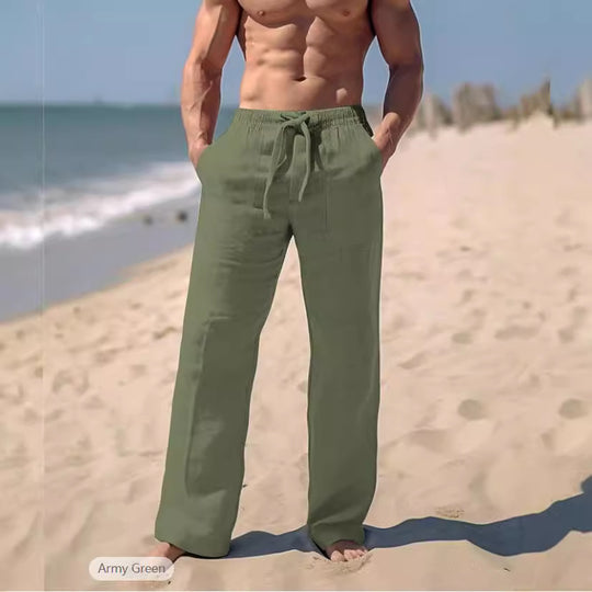Herren gerade geschnittene Leinen-Loungehose mit Kordelzug, tiefen Eingrifftaschen und atmungsaktiver Struktur Nord Taschen