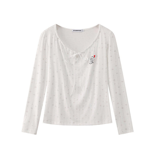 Damen Langarmshirt mit Schnürung am Ausschnitt, feinem Sternen-Jacquard und Herz-Emblem Nord Taschen