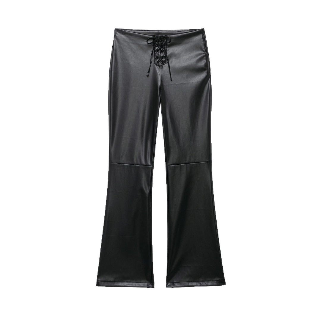 Damen hochgeschnittene ausgestellte Kunstlederhose mit Schnürungsdetail in der Taille Nord Taschen