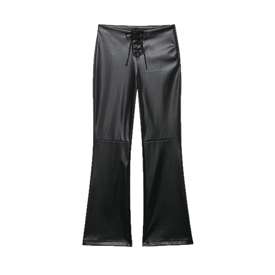 Damen hochgeschnittene ausgestellte Kunstlederhose mit Schnürungsdetail in der Taille Nord Taschen