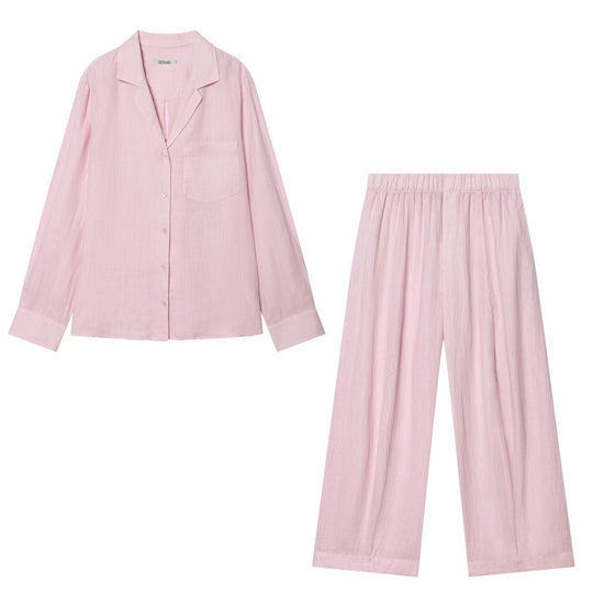 Damen Zweiteiliges Loungewear-Set aus Leinenoptik mit lockerem Pyjama‑Hemd und weiter Palazzo‑Hose Nord Taschen