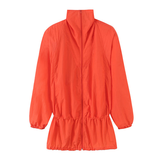 Damen Leichte Longline-Übergangsjacke mit Tunnelzugtaillierung und Stehkragen Nord Taschen