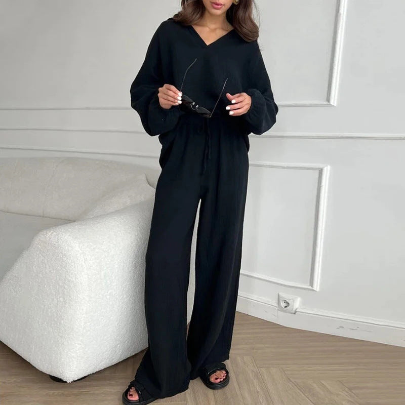 Damen Leichtes Crinkle-Lounge-Set mit V-Ausschnitt und weiter High-Waist-Hose Nord Taschen