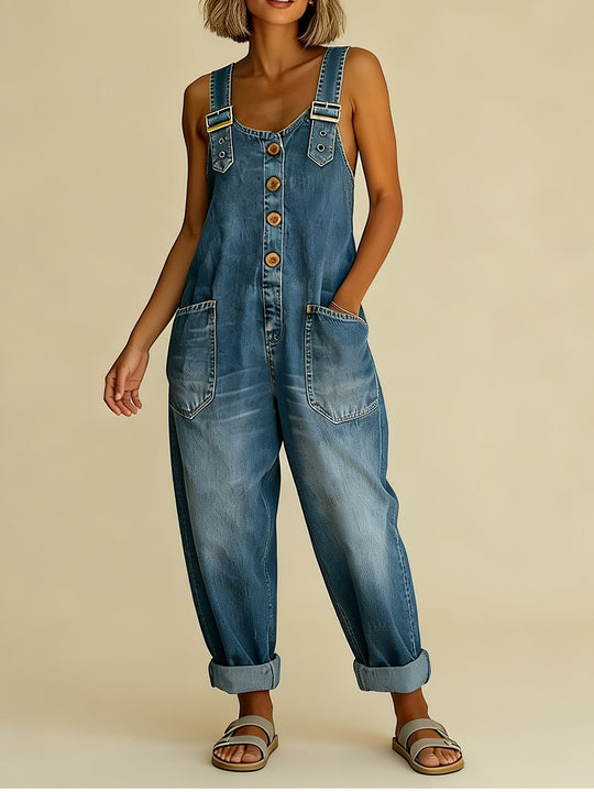 Damen Weite Denim-Latzhose mit Knopfleiste, verstellbaren Trägern und aufgesetzten Taschen Nord Taschen
