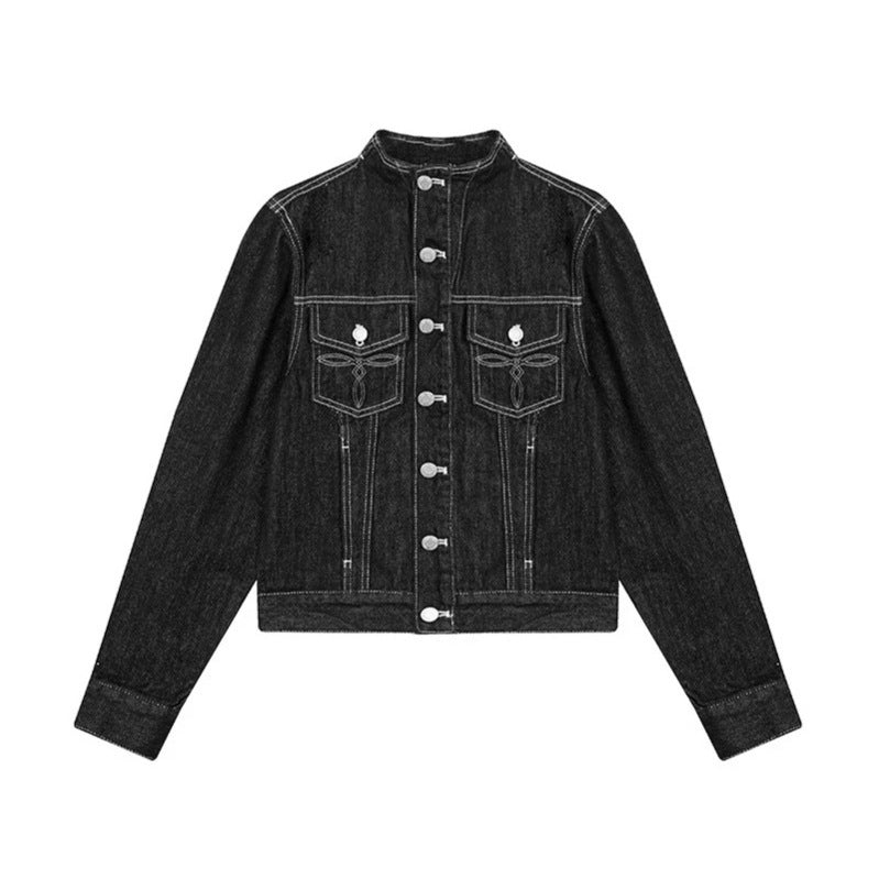 Damen Taillierte Jeansjacke mit Stehkragen, Ziernähten und Metallknopfverschluss Nord Taschen