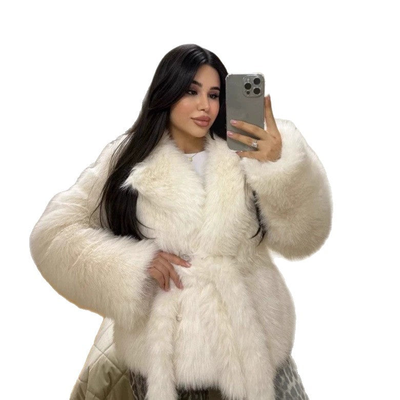 Damen Kurzmantel aus langflorigem Faux-Fur mit taillierendem Bindegürtel Nord Taschen