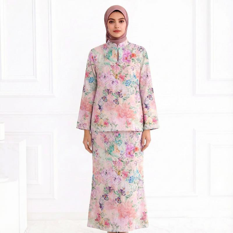 Damen Zweiteiliges Modest-Set aus Tunika mit Stehkragen und geradem Maxirock mit Blumenprint Nord Taschen