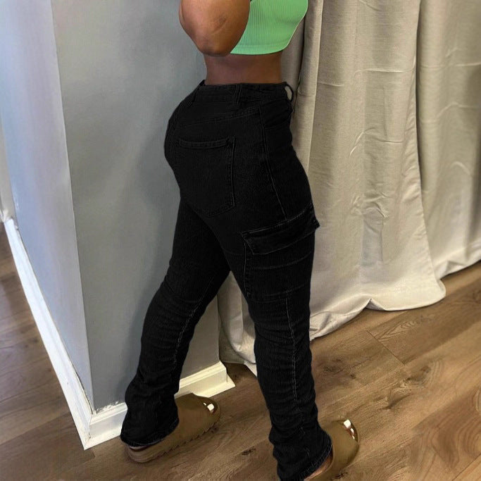 Damen Hochtaillierte Cargo-Jeans mit schmaler Passform und gerafften Beinsäumen Nord Taschen