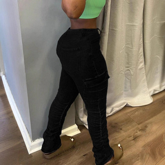 Damen Hochtaillierte Cargo-Jeans mit schmaler Passform und gerafften Beinsäumen Nord Taschen