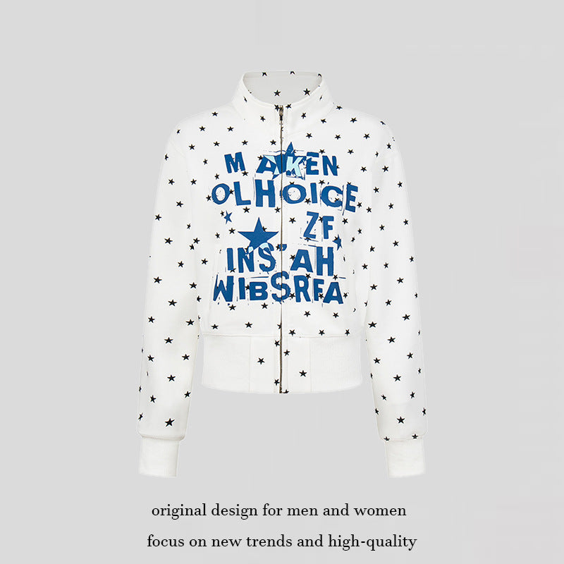 Damen Kurze Reißverschluss-Sweatjacke mit Stehkragen, Allover-Sternprint und Statement-Frontprint Nord Taschen