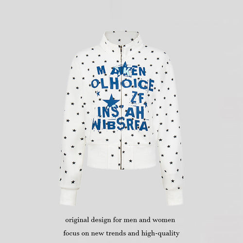 Damen Kurze Reißverschluss-Sweatjacke mit Stehkragen, Allover-Sternprint und Statement-Frontprint Nord Taschen