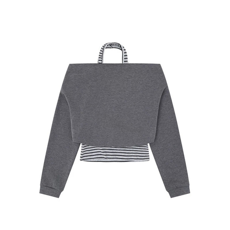 Damen Cropped Lagen-Hoodie mit integriertem Streifen-Untershirt, Kapuze und legerem Raglan-Schnitt Nord Taschen