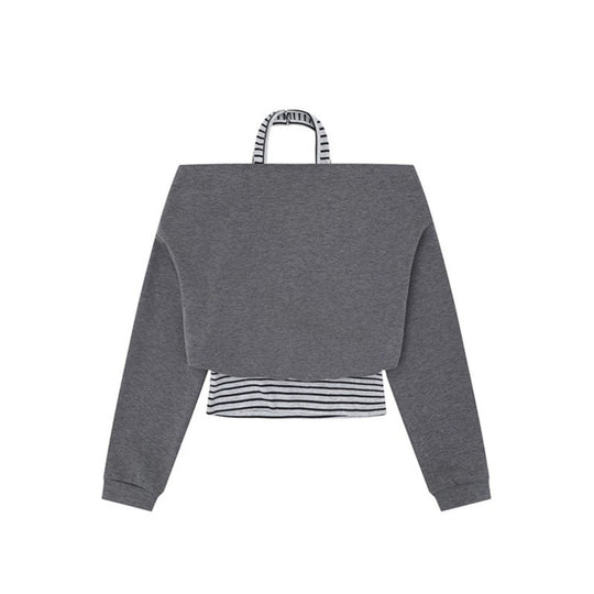 Damen Cropped Lagen-Hoodie mit integriertem Streifen-Untershirt, Kapuze und legerem Raglan-Schnitt Nord Taschen